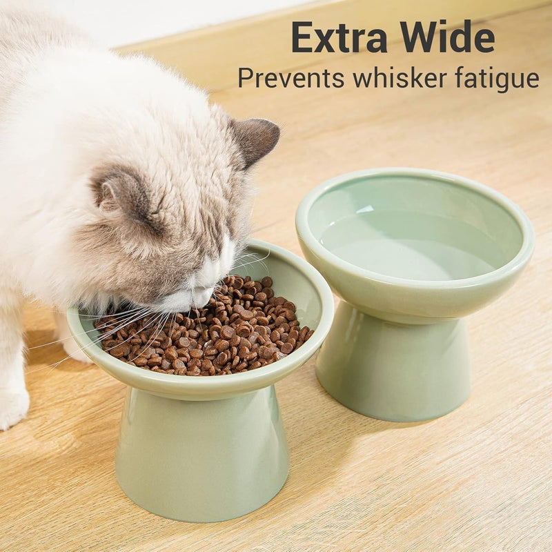 CEEFU 2 Elevated Ceramic Cat Bowls Extra Wide for Food & Water – Whisker Fatigue Shallow Food Dish, Lead & Cadmium-Free, Raised Height for Cats, Sage Green - Image 5